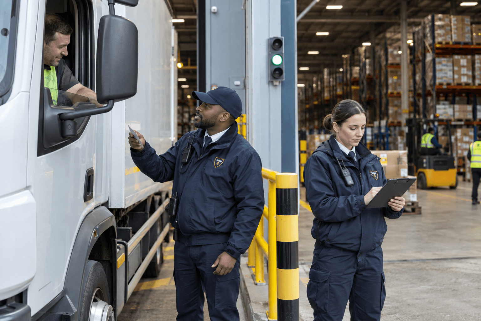 Warehouse security officers checking a delivery vehicle and completing a site record.