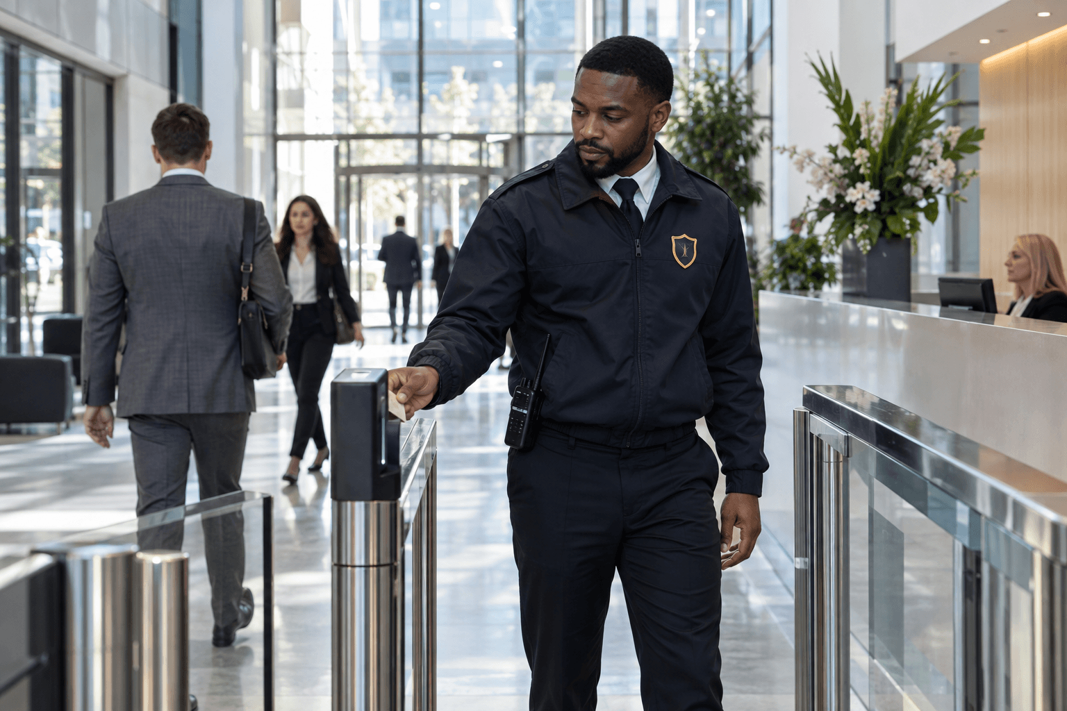 Commercial security officer checking an access point in a modern office atrium.