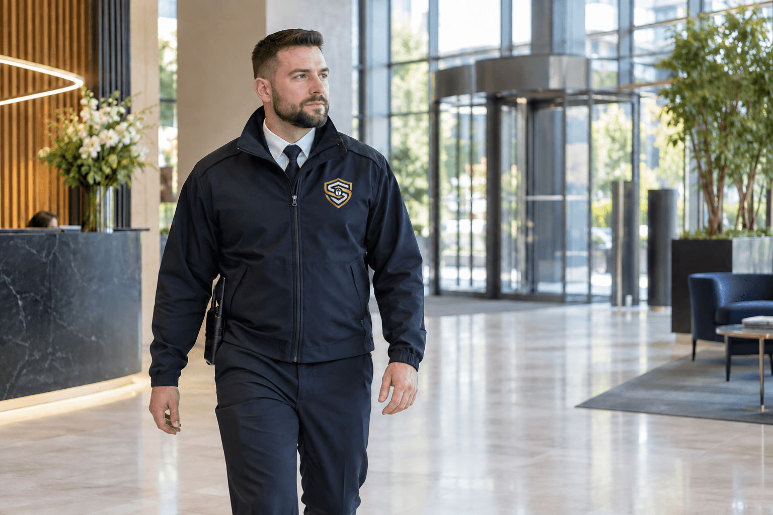 Spartan Shield security guard patrolling a modern commercial building lobby.