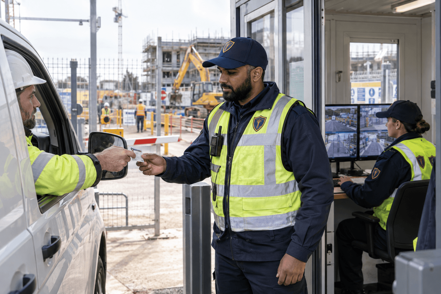 Construction security officer checking a contractor at a controlled site entrance.