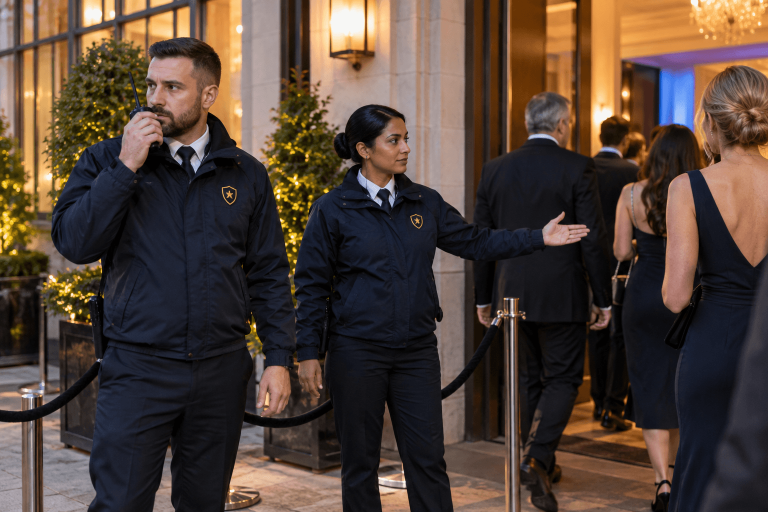 Event security officers coordinating guest arrivals at an evening venue.