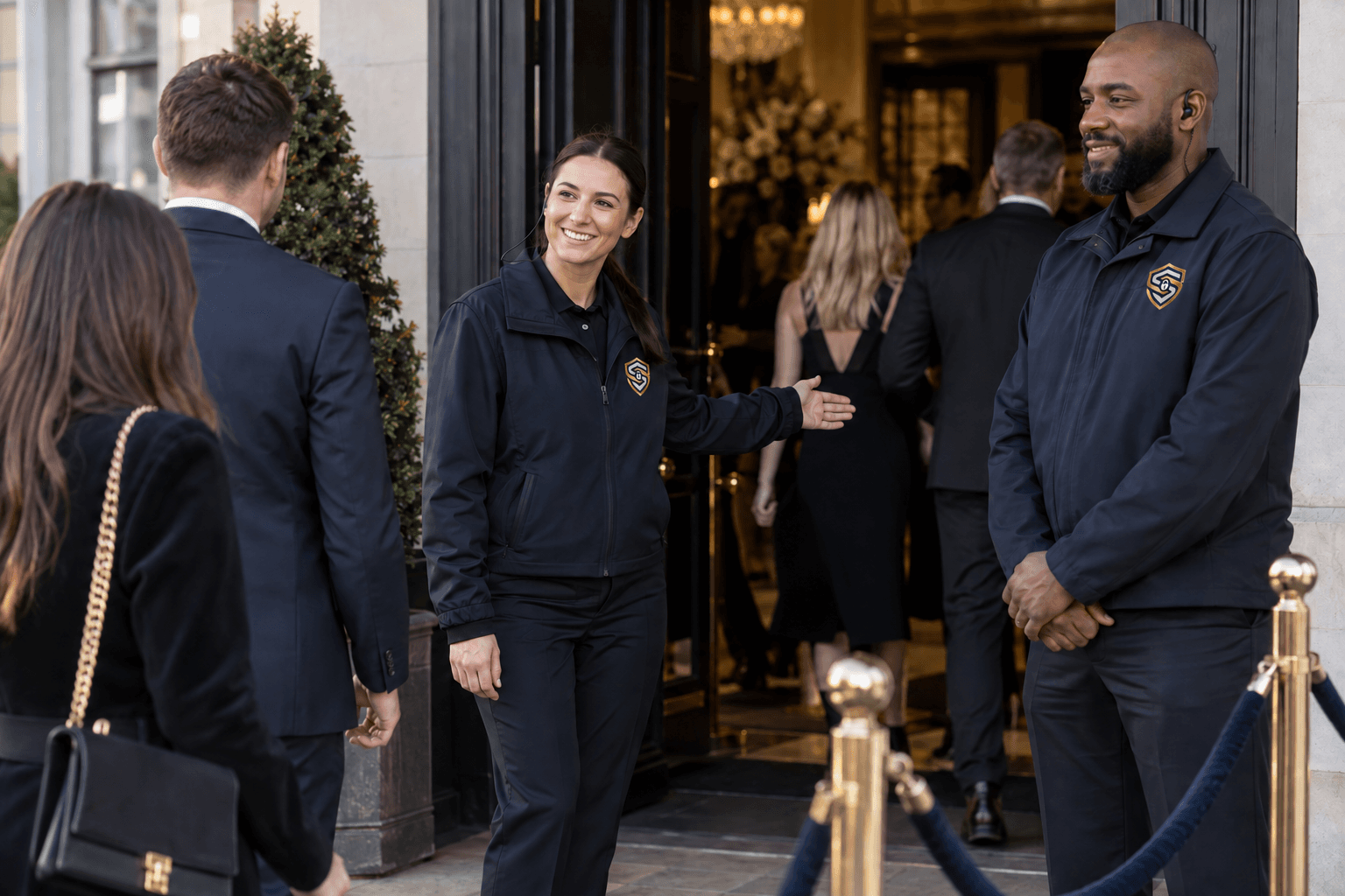 Spartan Shield event security staff welcoming guests at a venue entrance.
