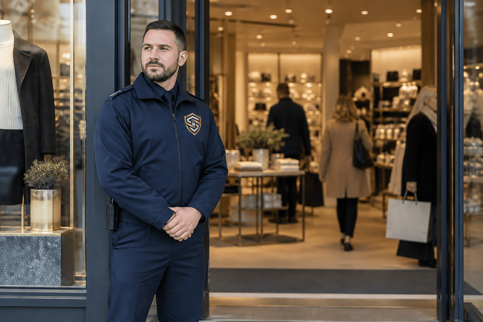 Spartan Shield retail security guard at the entrance to a modern shop.
