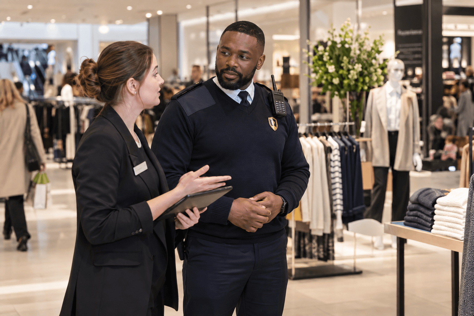 Retail security officer discussing the sales floor with a store manager.