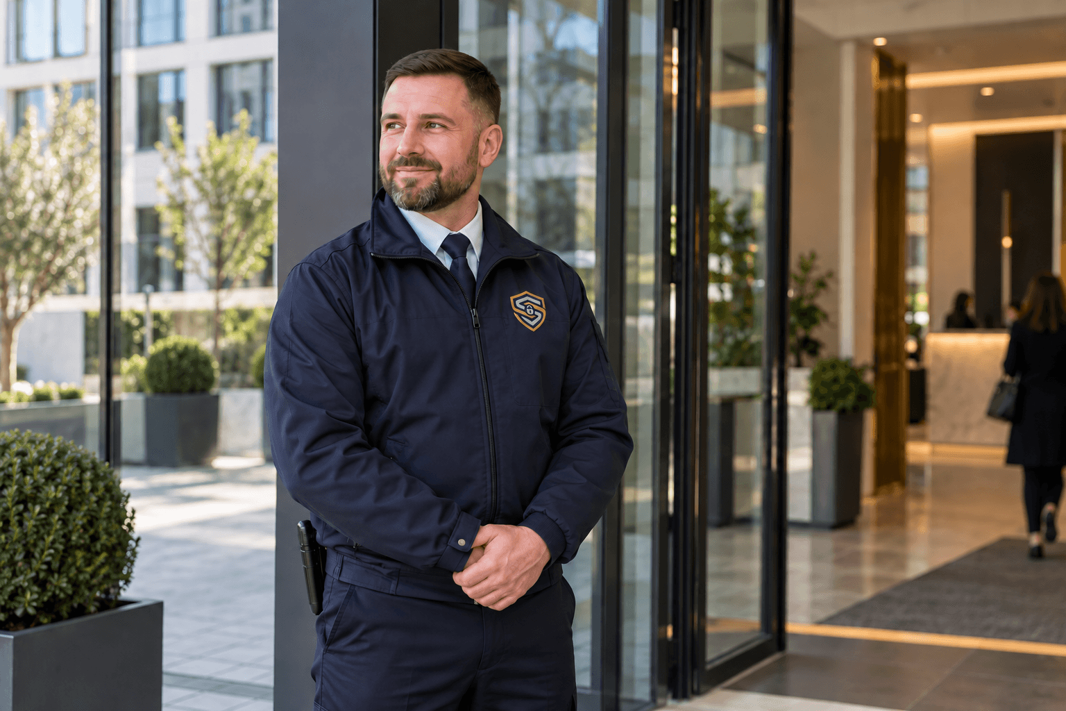 Spartan Shield security guard at the entrance to a modern business premises.