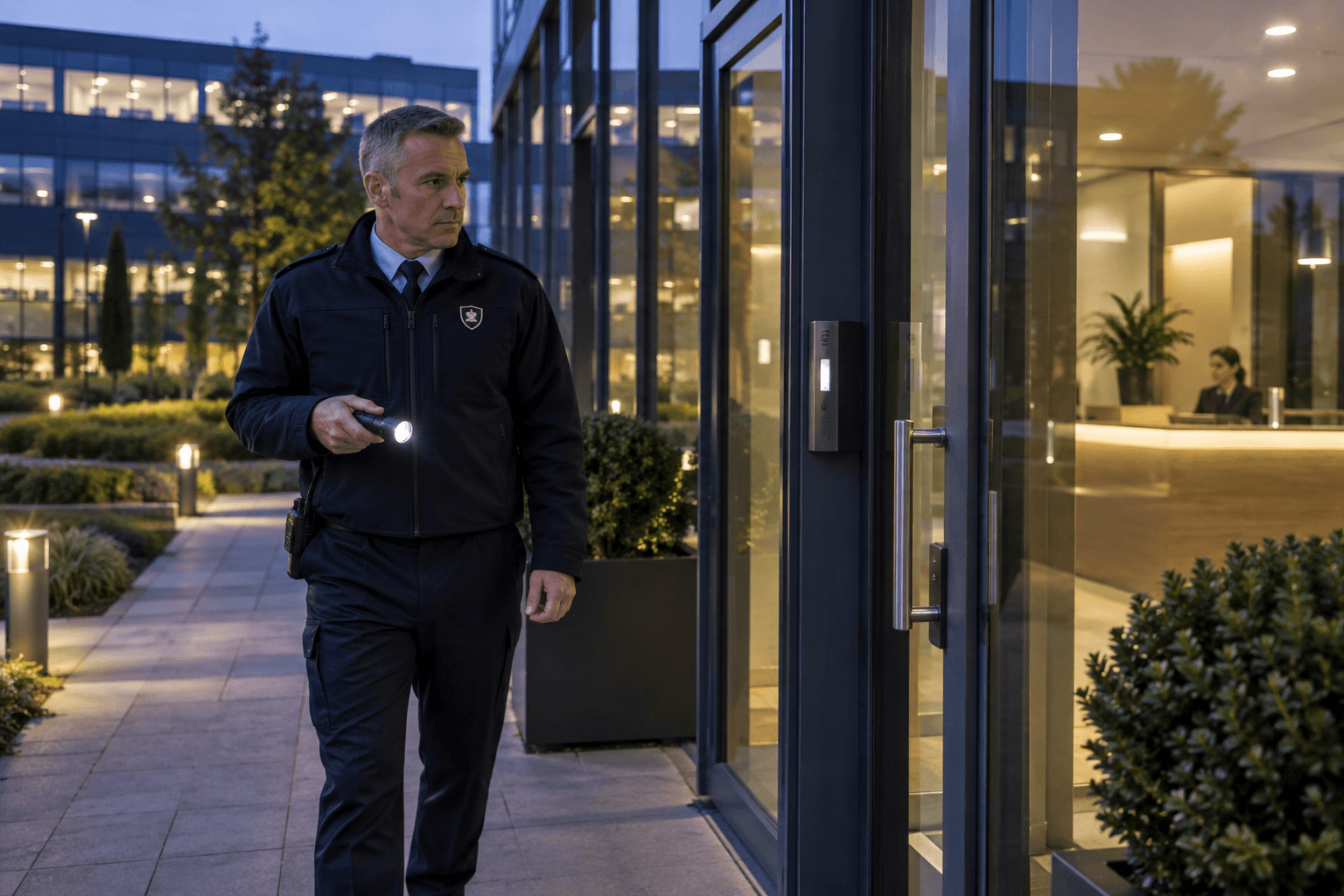Security officer conducting an evening perimeter patrol at a modern office building.