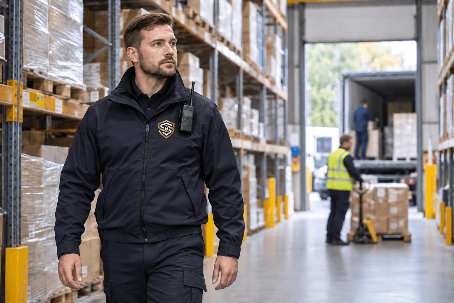 Spartan Shield security guard monitoring a warehouse distribution aisle.